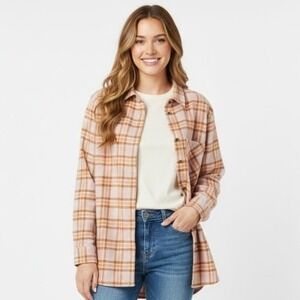 Aerie Flannel Shirt Women XL Orange Plaid Long Sleeve Button Up Casual Oversized